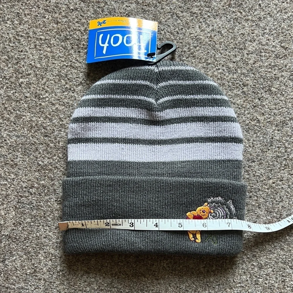 NWT 2000s Vintage Winnie The Pooh Grey Stripe Knit Beanie Embroidered Cuffed Y2K